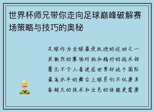 世界杯师兄带你走向足球巅峰破解赛场策略与技巧的奥秘