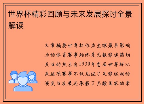 世界杯精彩回顾与未来发展探讨全景解读