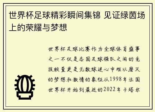 世界杯足球精彩瞬间集锦 见证绿茵场上的荣耀与梦想