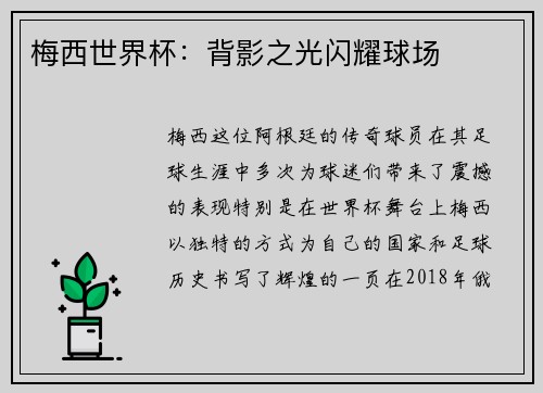 梅西世界杯：背影之光闪耀球场