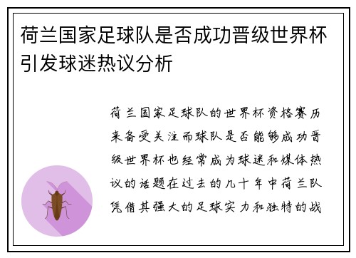 荷兰国家足球队是否成功晋级世界杯引发球迷热议分析