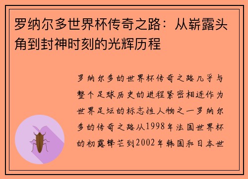 罗纳尔多世界杯传奇之路：从崭露头角到封神时刻的光辉历程